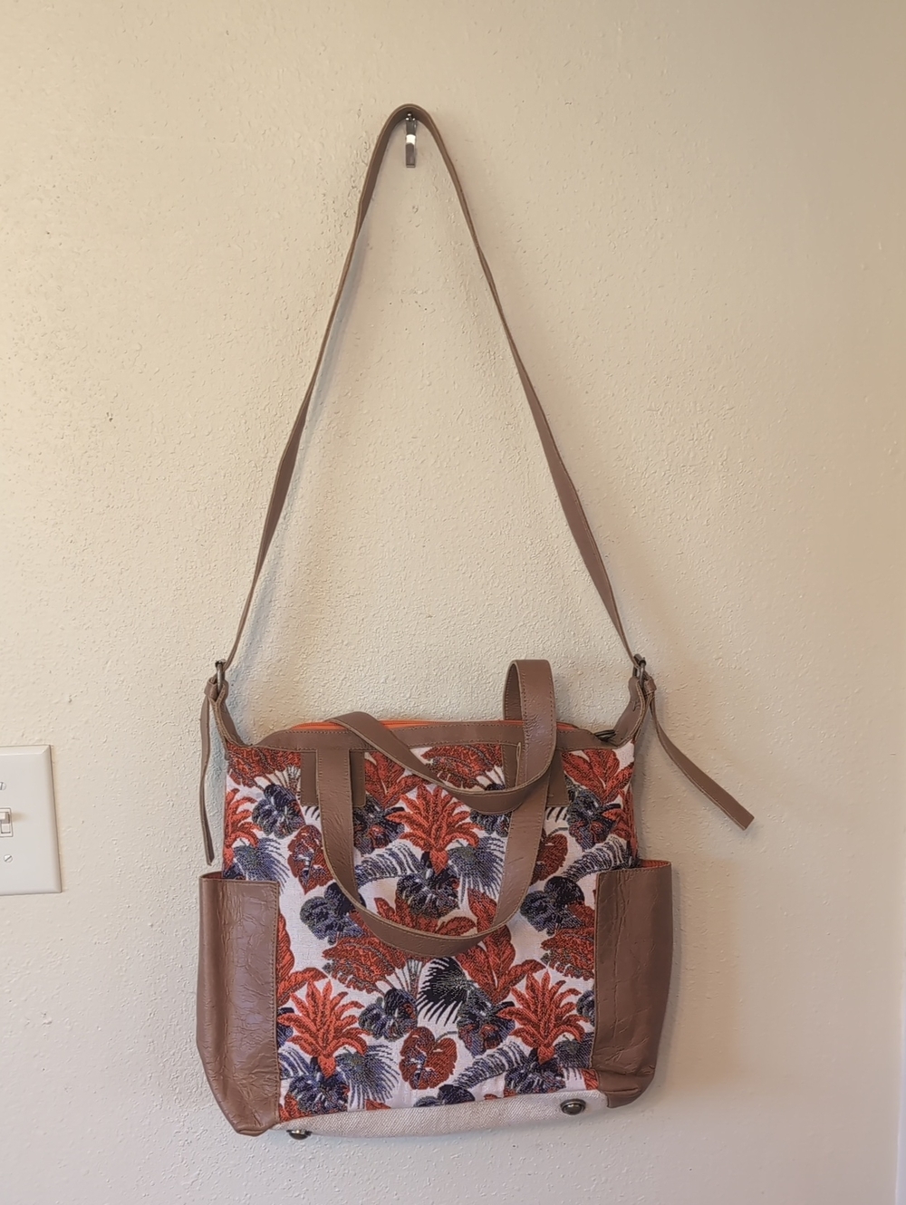 Flora Day To Day Brown and Orange Canvas Tote with Adjustable Strap